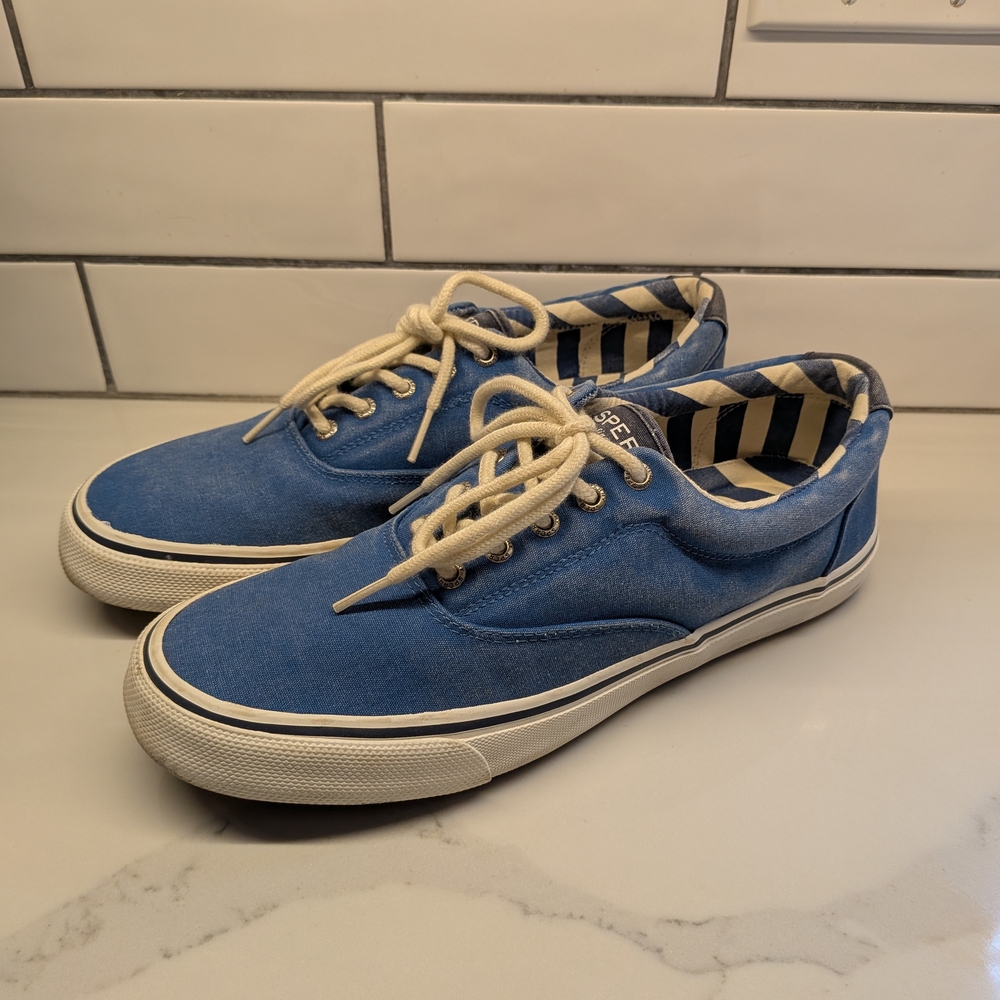 Blue Canvas Sneakers with Cream Laces